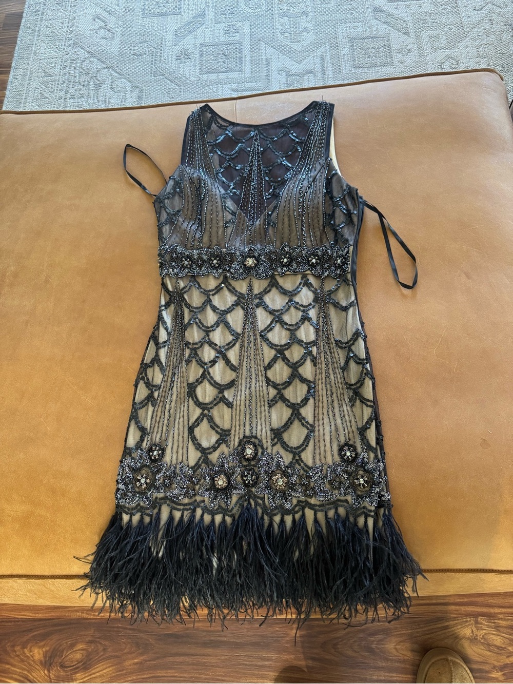 Black Beaded Flapper Dress with Feather Hem